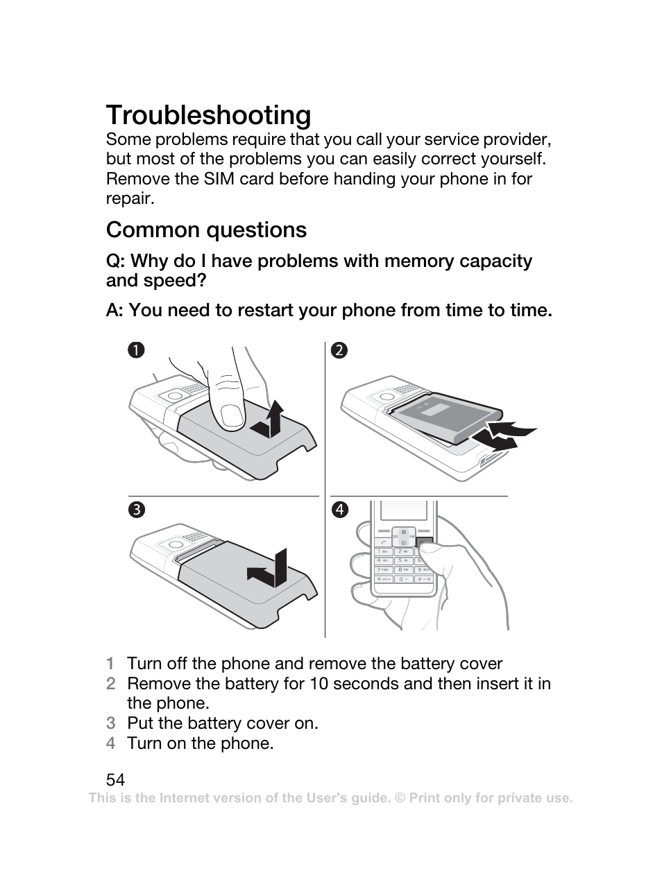 Troubleshooting, Common questions | Sony Ericsson K220 User Manual | Page 54 / 79