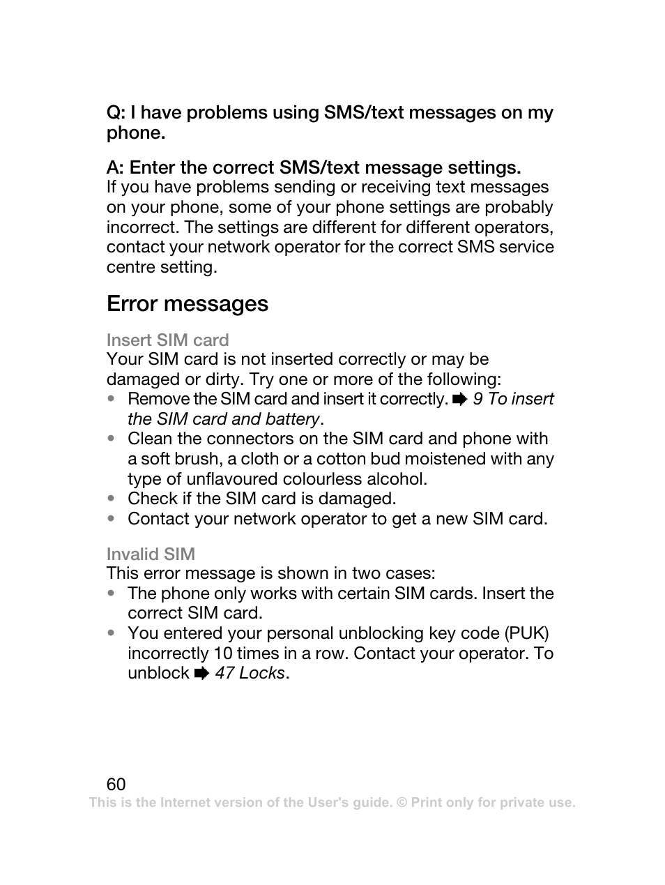 Error messages | Sony Ericsson K220 User Manual | Page 60 / 79