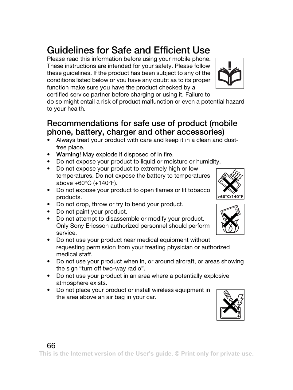 Guidelines for safe and efficient use | Sony Ericsson K220 User Manual | Page 66 / 79