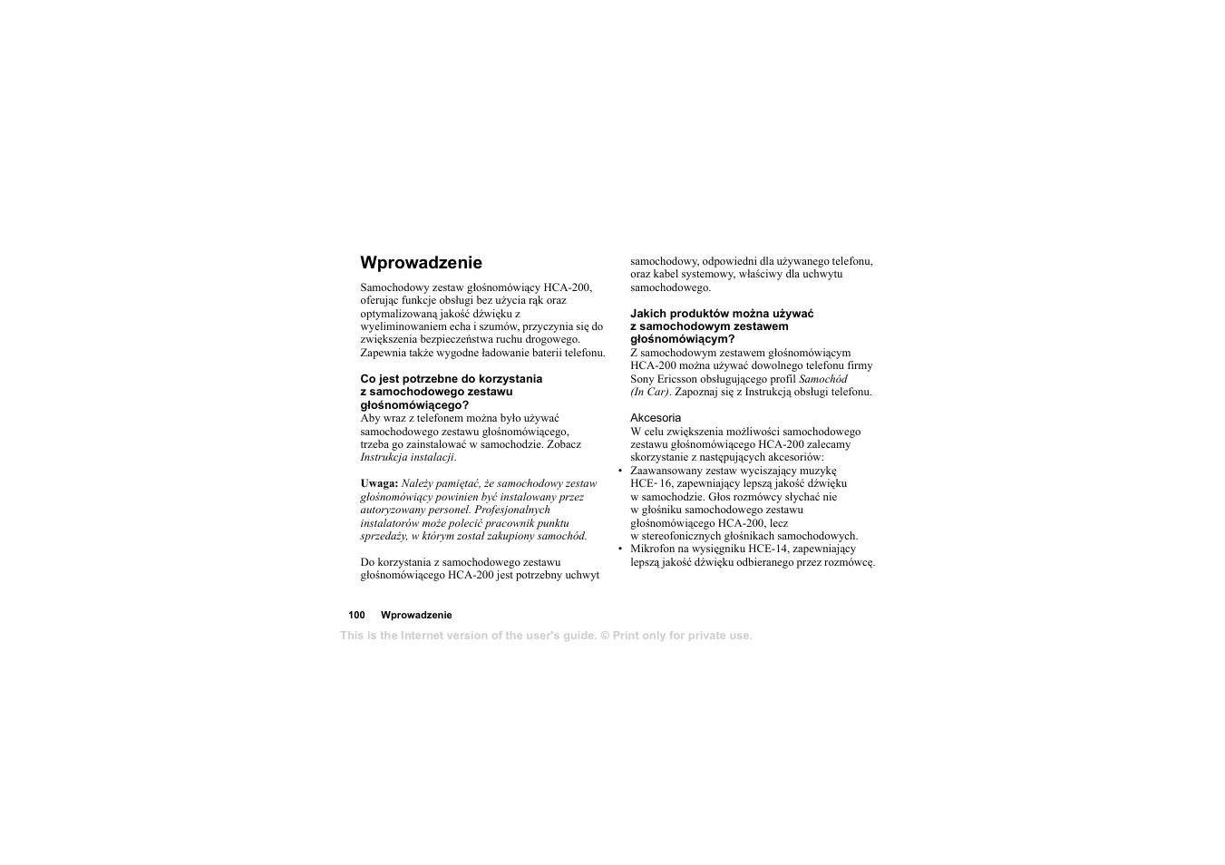 Wprowadzenie, Wprowadzenie 100 | Sony Ericsson HCA-200 User Manual | Page 102 / 124