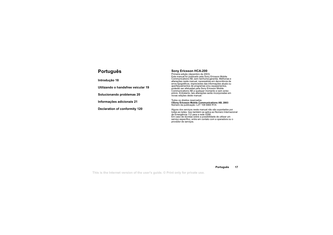 Português | Sony Ericsson HCA-200 User Manual | Page 19 / 124