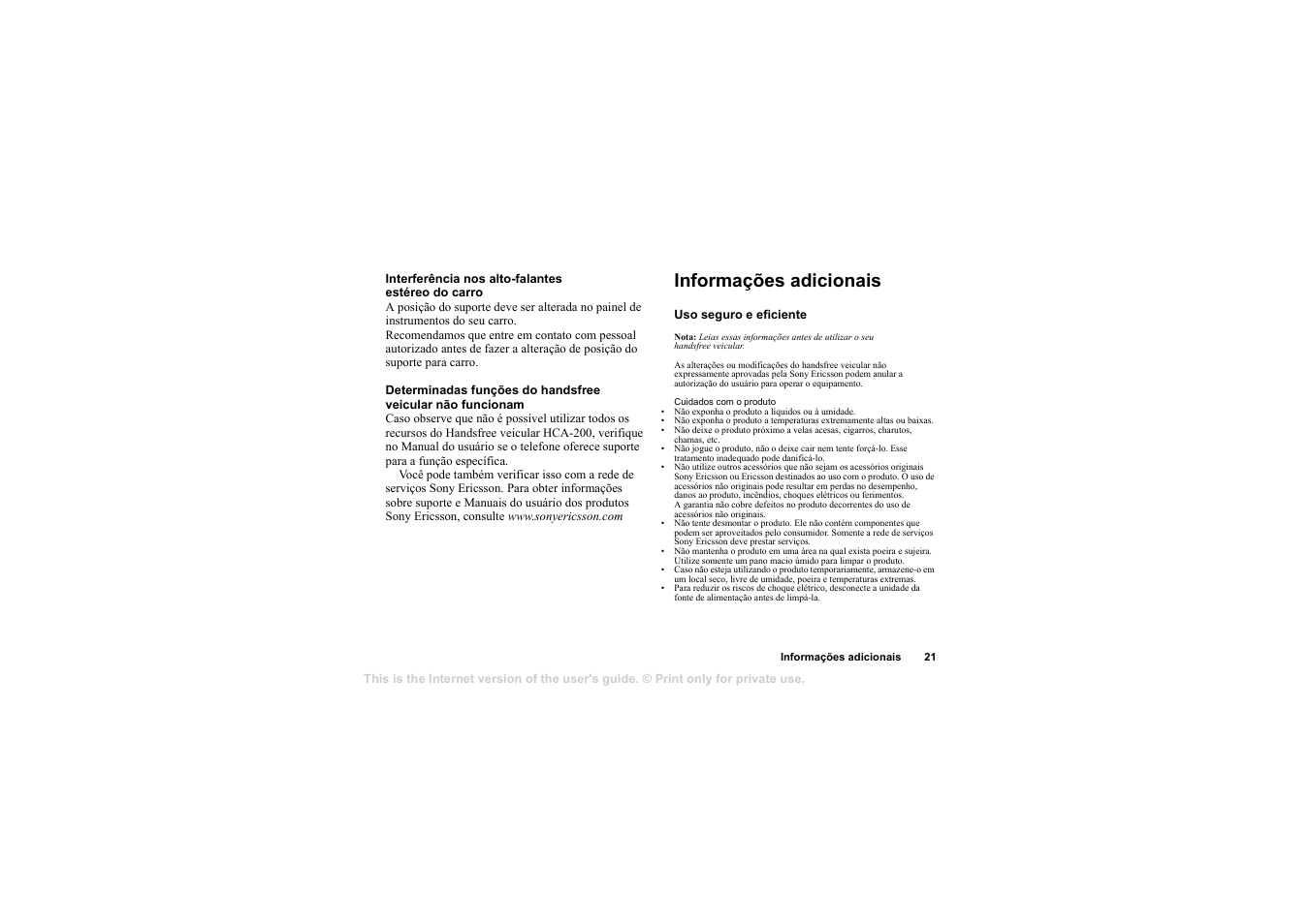 Informações adicionais, Informações adicionais 21 | Sony Ericsson HCA-200 User Manual | Page 23 / 124