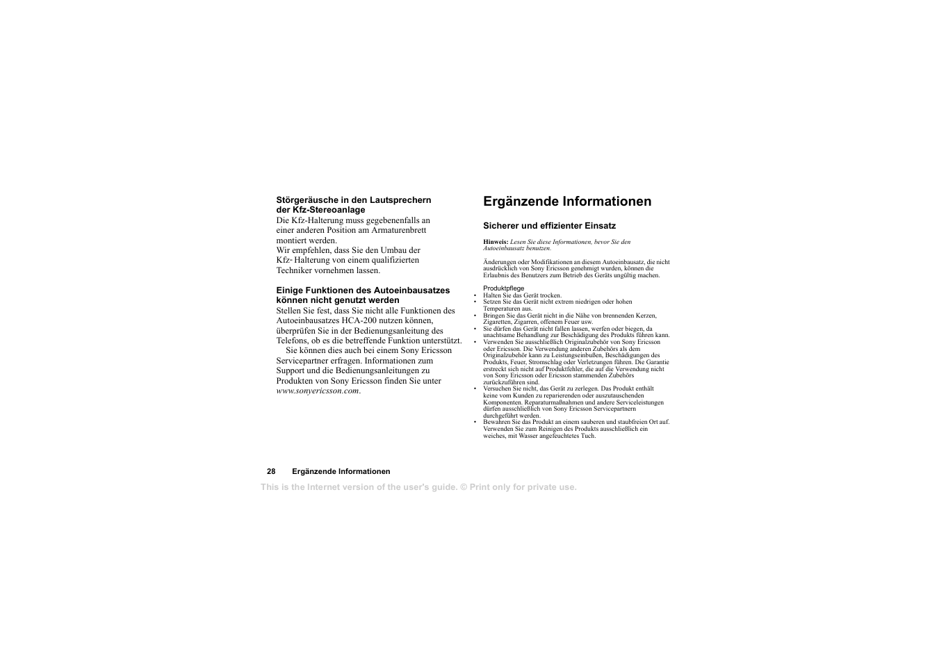 Ergänzende informationen, Ergänzende informationen 28 | Sony Ericsson HCA-200 User Manual | Page 30 / 124
