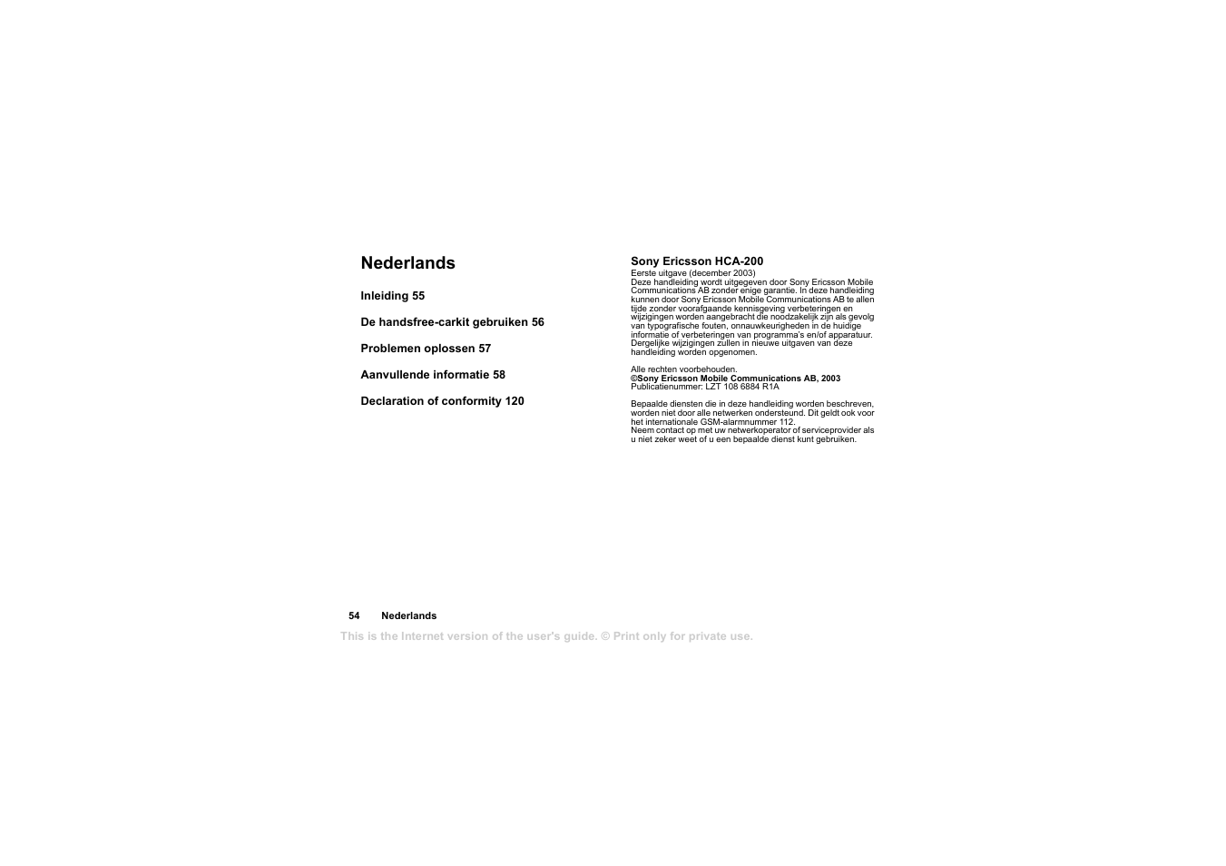 Nederlands | Sony Ericsson HCA-200 User Manual | Page 56 / 124