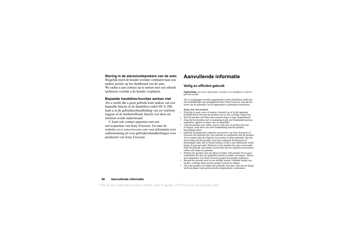Aanvullende informatie, Aanvullende informatie 58 | Sony Ericsson HCA-200 User Manual | Page 60 / 124