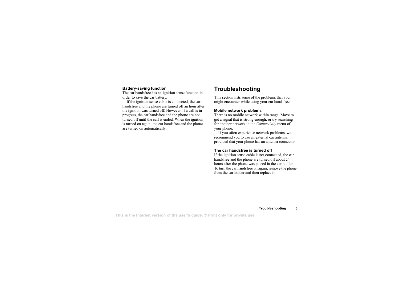 Troubleshooting, Troubleshooting 5 | Sony Ericsson HCA-200 User Manual | Page 7 / 124