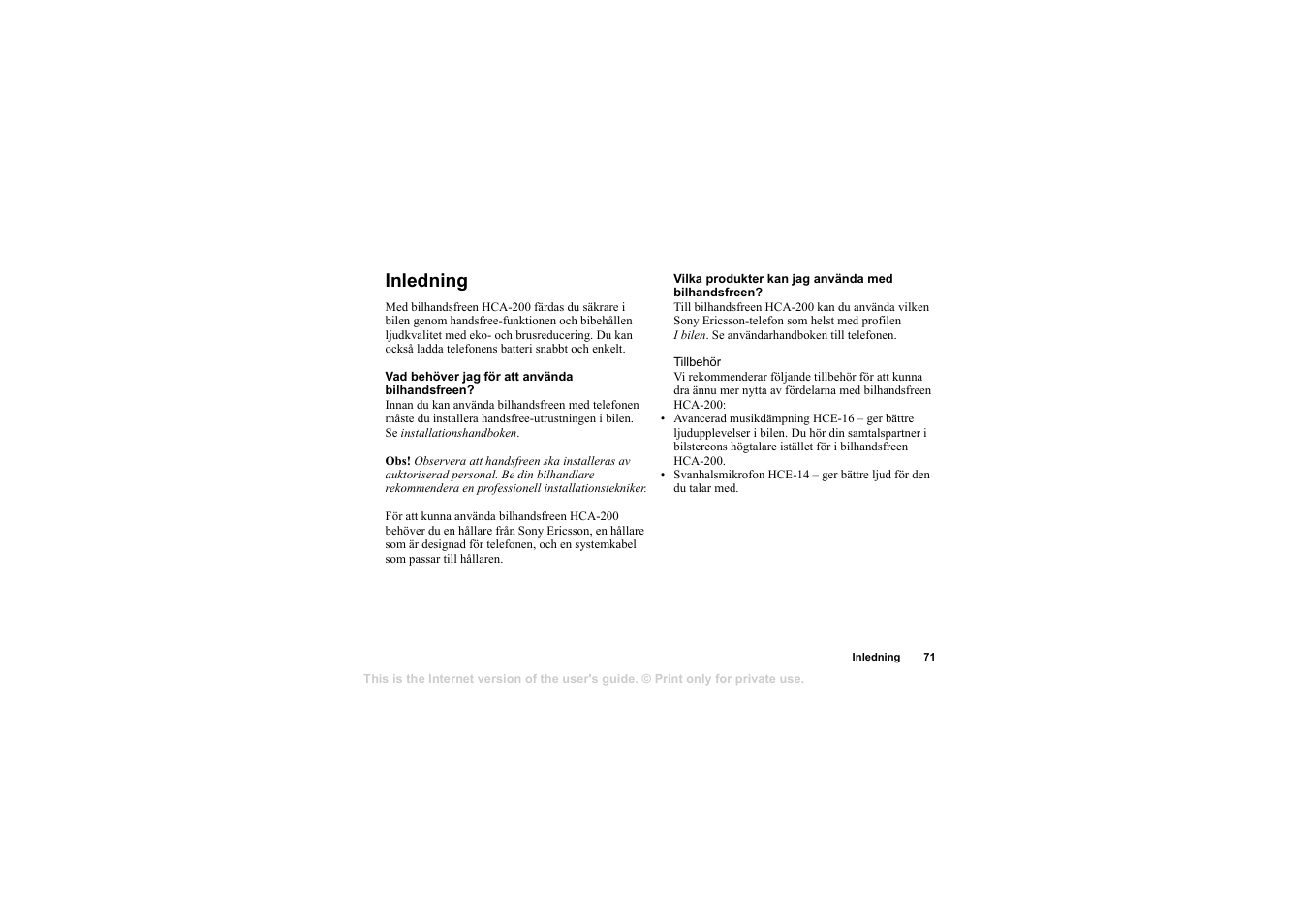 Inledning, Inledning 71 | Sony Ericsson HCA-200 User Manual | Page 73 / 124