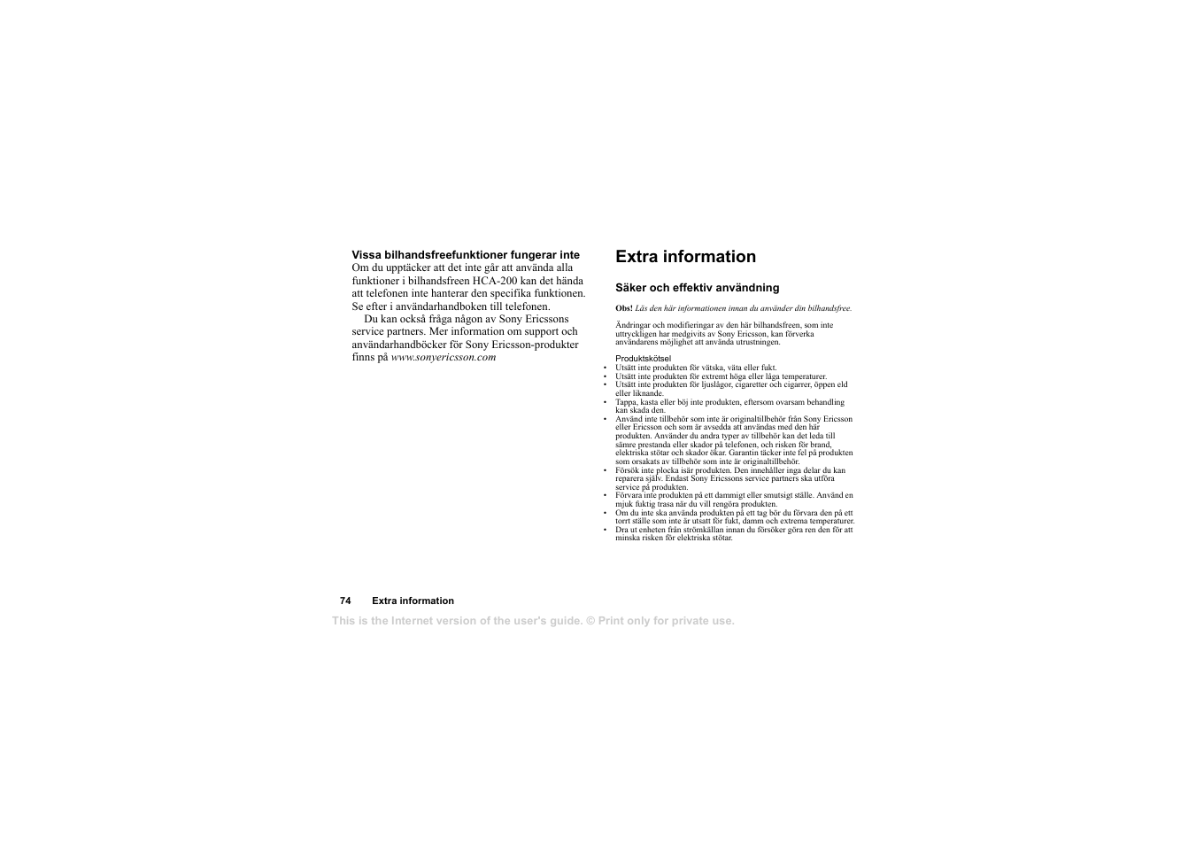 Extra information, Extra information 74 | Sony Ericsson HCA-200 User Manual | Page 76 / 124