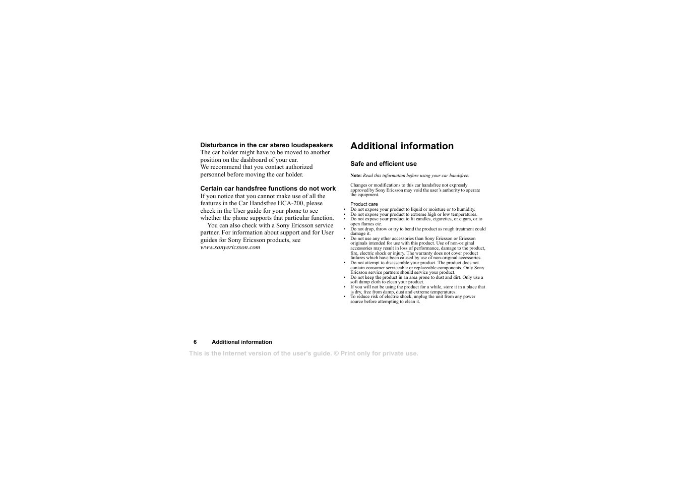Additional information, Additional information 6 | Sony Ericsson HCA-200 User Manual | Page 8 / 124