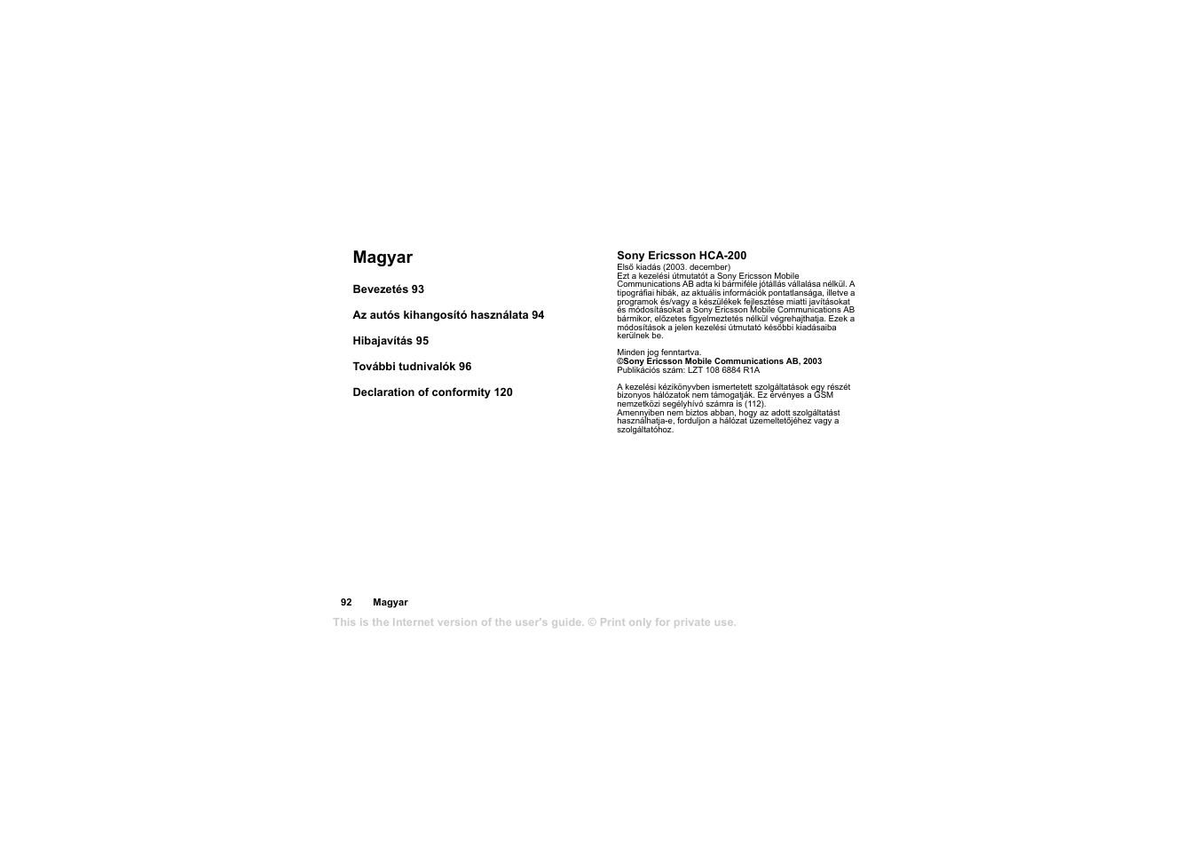 Magyar | Sony Ericsson HCA-200 User Manual | Page 94 / 124