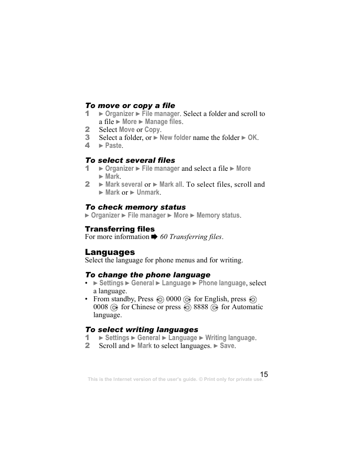 Transferring files, Languages, Conte nts | Sony ericsson t618 | Sony Ericsson k310c User Manual | Page 16 / 90