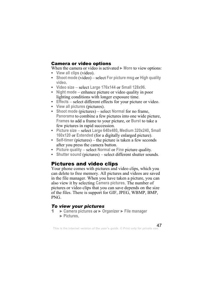 Camera or video options, Pictures and video clips, Content s | Sony ericsson t618 | Sony Ericsson k310c User Manual | Page 48 / 90