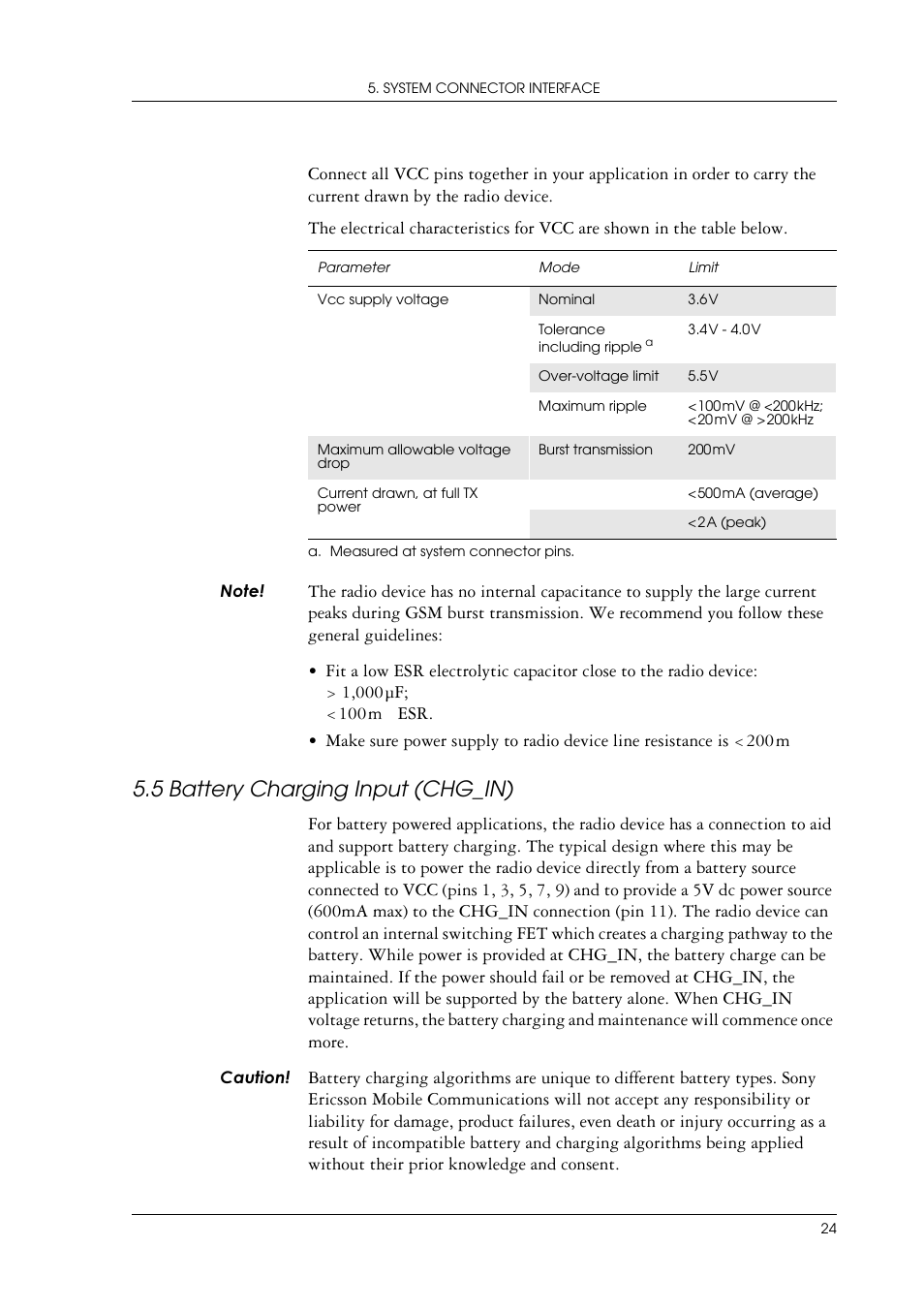 5 battery charging input (chg_in), Battery charging input (chg_in) | Sony Ericsson GR47/GR48 User Manual | Page 24 / 84