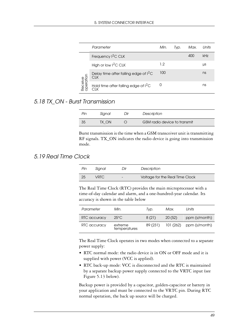 18 tx_on - burst transmission, 19 real time clock, Tx_on - burst transmission | Real time clock | Sony Ericsson GR47/GR48 User Manual | Page 49 / 84