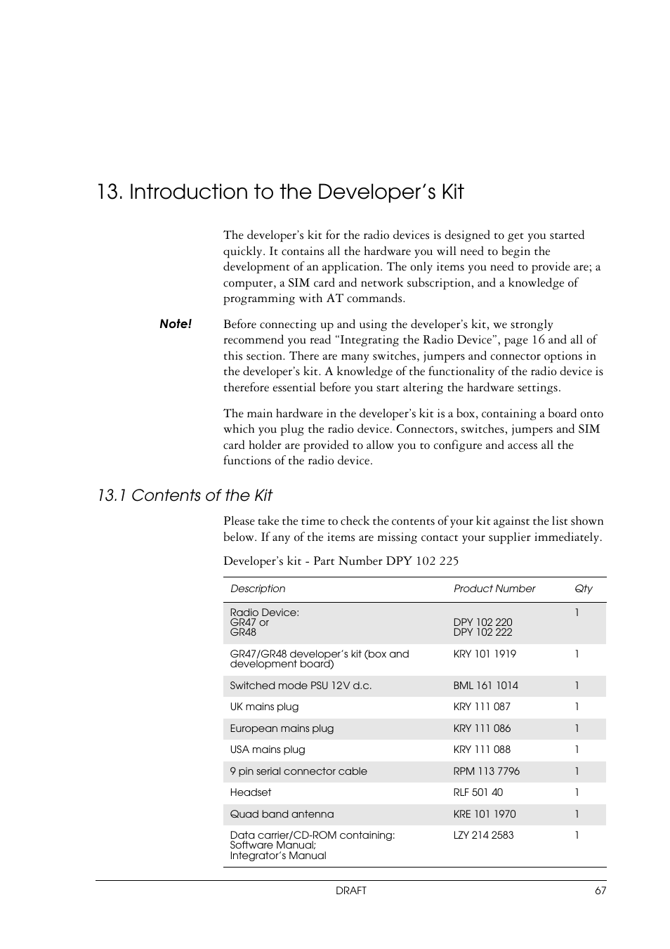 Introduction to the developer’s kit, 1 contents of the kit, Contents of the kit | Sony Ericsson GR47/GR48 User Manual | Page 67 / 84