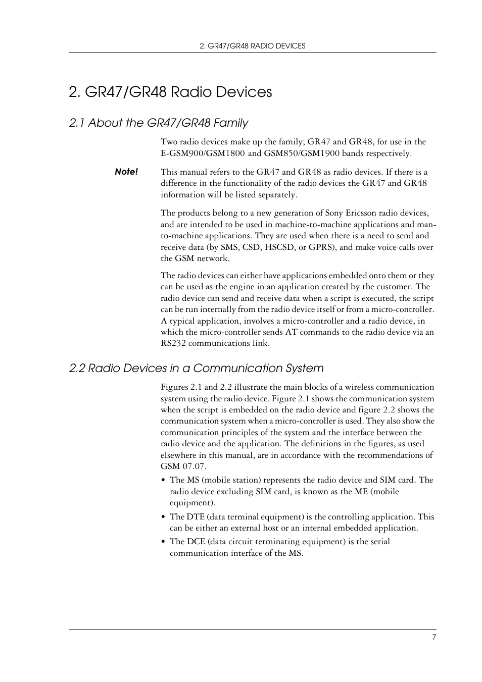 Gr47/gr48 radio devices, 1 about the gr47/gr48 family, 2 radio devices in a communication system | Sony Ericsson GR47/GR48 User Manual | Page 7 / 84