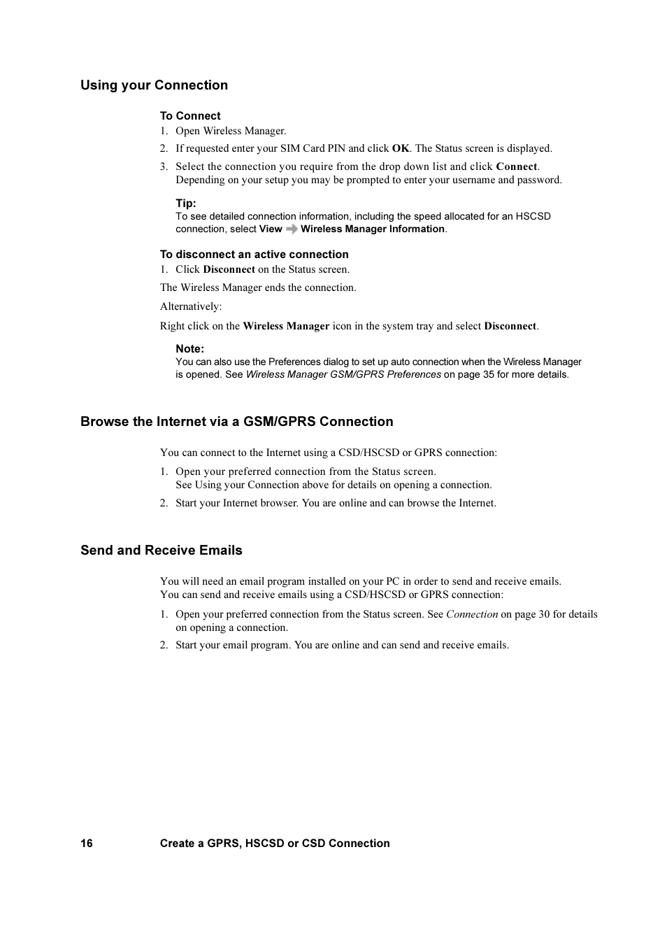 Using your connection, Browse the internet via a gsm/gprs connection, Send and receive emails | Sony Ericsson GC79 User Manual | Page 16 / 93