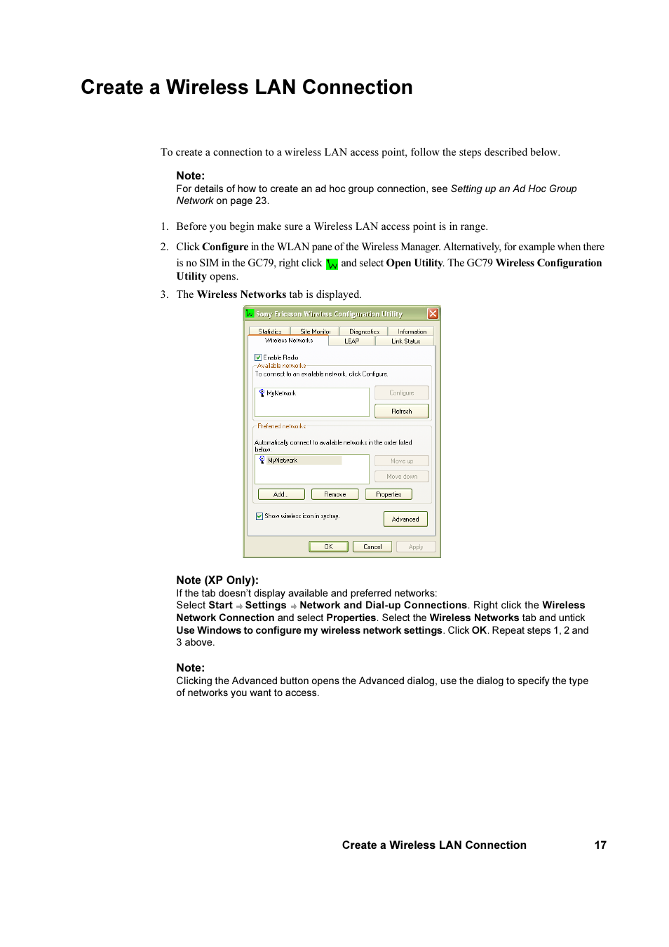 Create a wireless lan connection | Sony Ericsson GC79 User Manual | Page 17 / 93