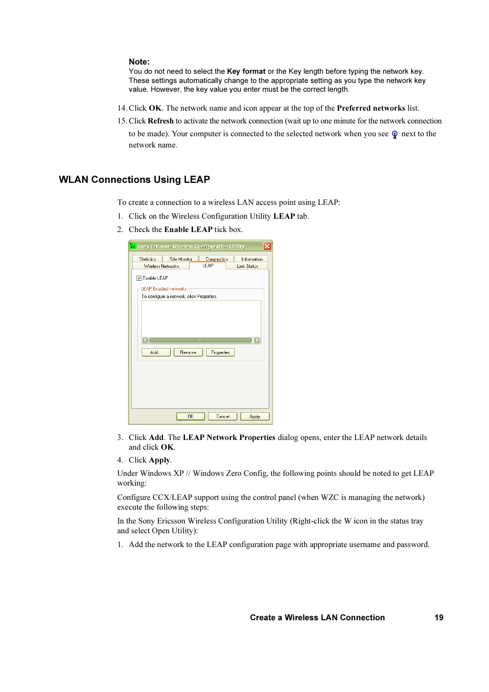 Wlan connections using leap | Sony Ericsson GC79 User Manual | Page 19 / 93