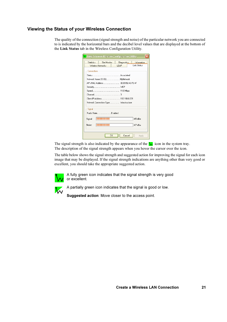 Viewing the status of your wireless connection | Sony Ericsson GC79 User Manual | Page 21 / 93