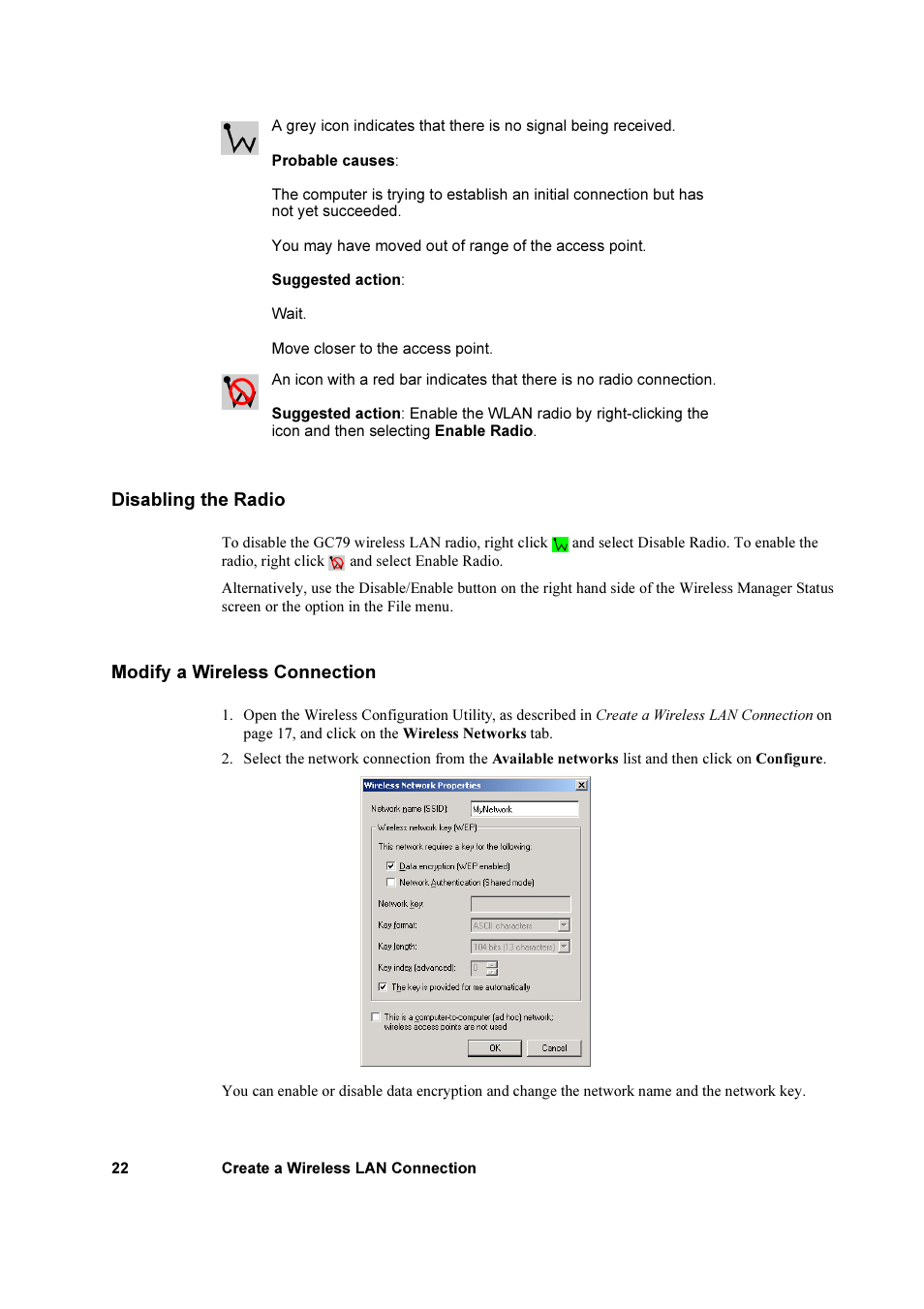 Disabling the radio, Modify a wireless connection, Disabling the radio modify a wireless connection | Sony Ericsson GC79 User Manual | Page 22 / 93