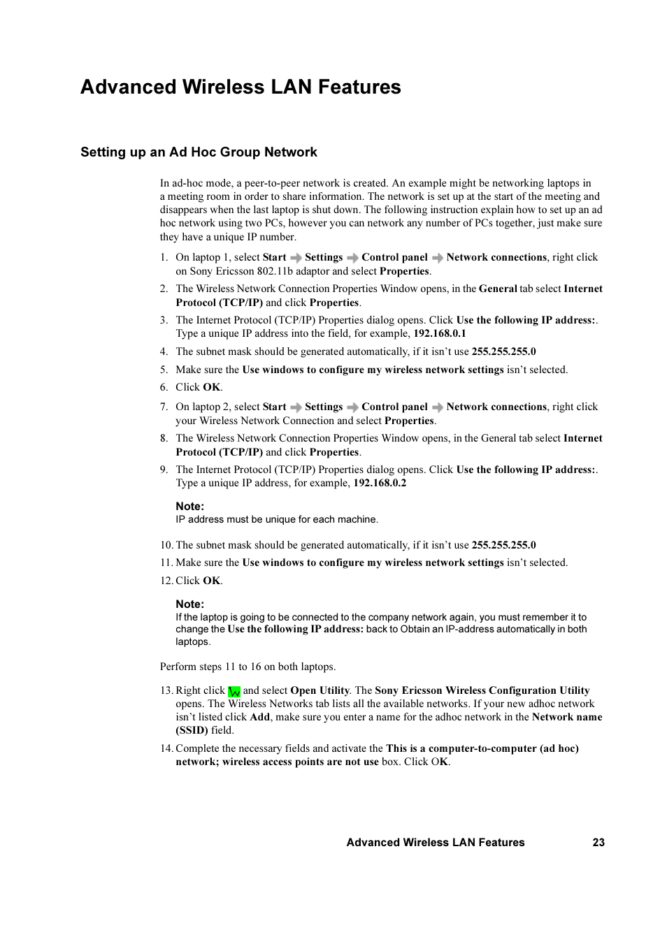 Advanced wireless lan features, Setting up an ad hoc group network | Sony Ericsson GC79 User Manual | Page 23 / 93