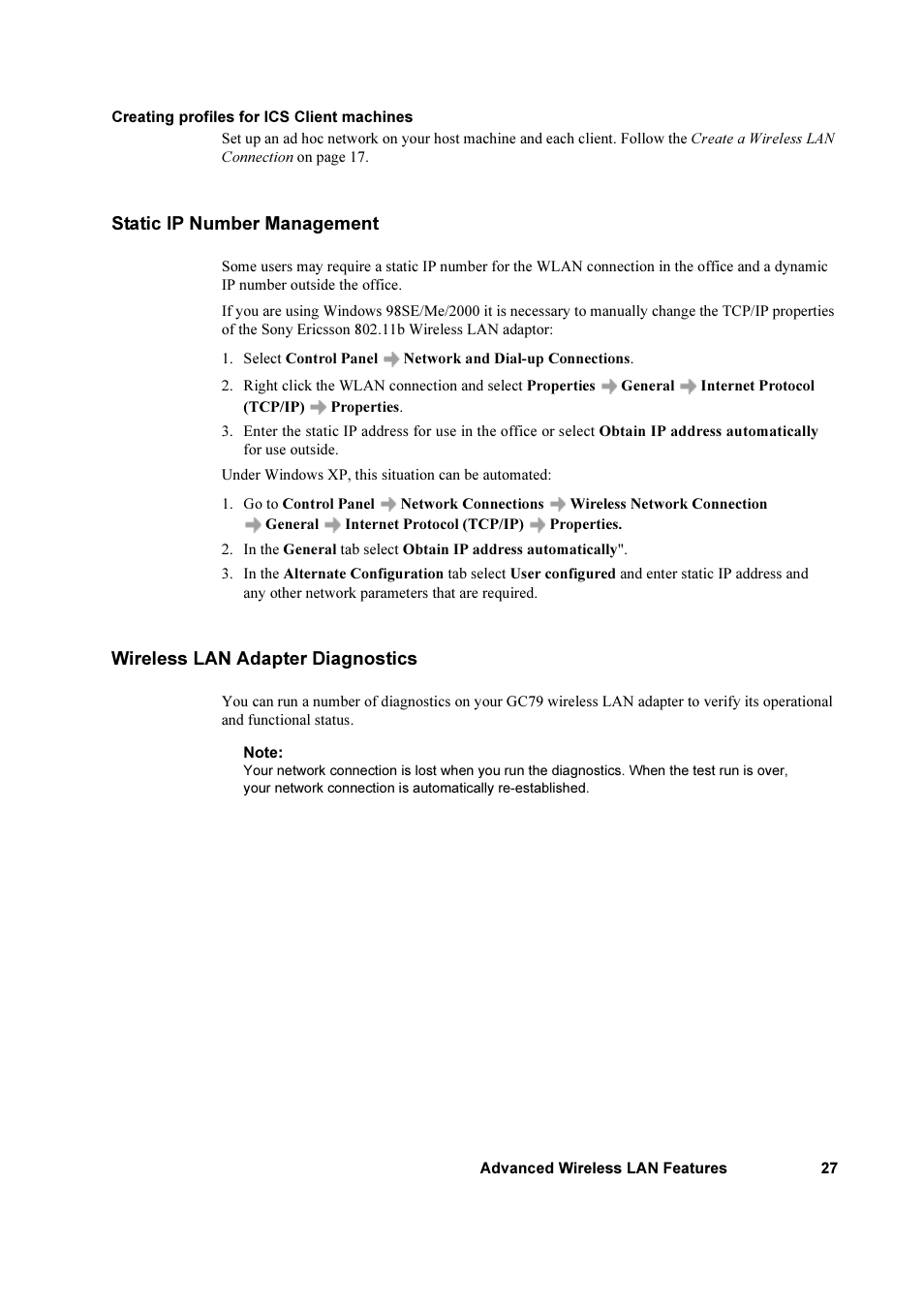 Static ip number management, Wireless lan adapter diagnostics | Sony Ericsson GC79 User Manual | Page 27 / 93