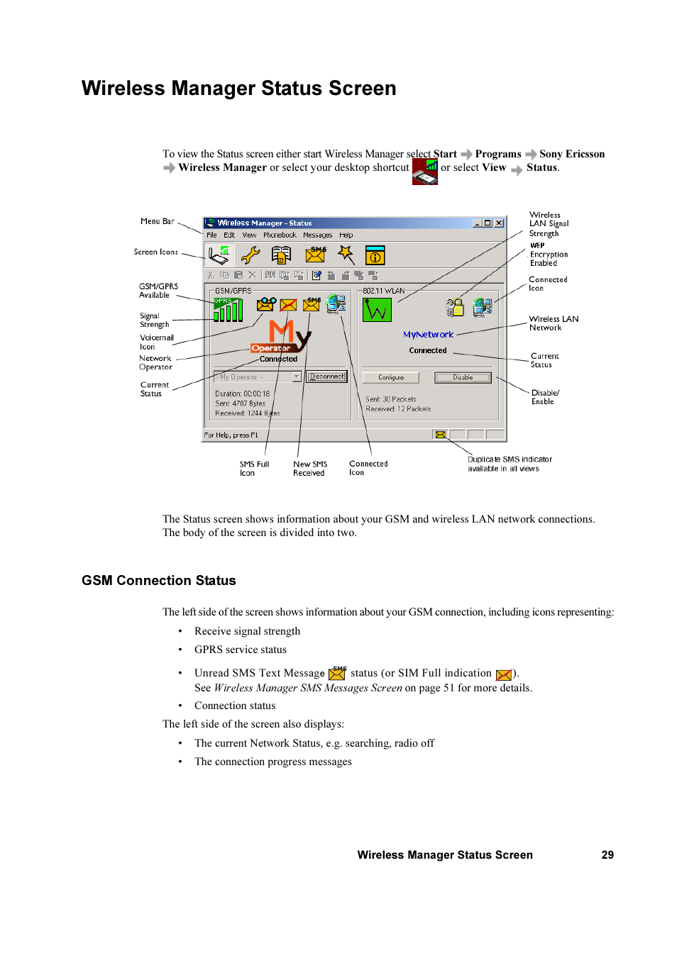 Wireless manager status screen, Gsm connection status | Sony Ericsson GC79 User Manual | Page 29 / 93