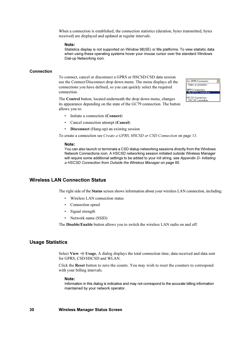 Wireless lan connection status, Usage statistics, Wireless lan connection status usage statistics | Sony Ericsson GC79 User Manual | Page 30 / 93