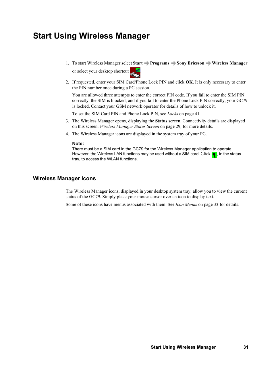 Start using wireless manager, Wireless manager icons | Sony Ericsson GC79 User Manual | Page 31 / 93