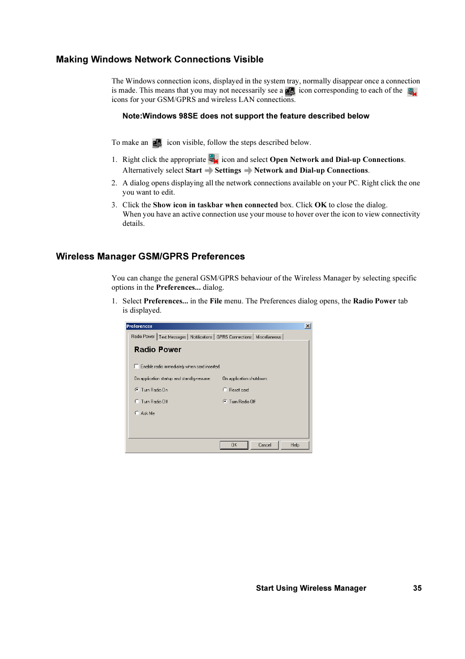 Making windows network connections visible, Wireless manager gsm/gprs preferences | Sony Ericsson GC79 User Manual | Page 35 / 93