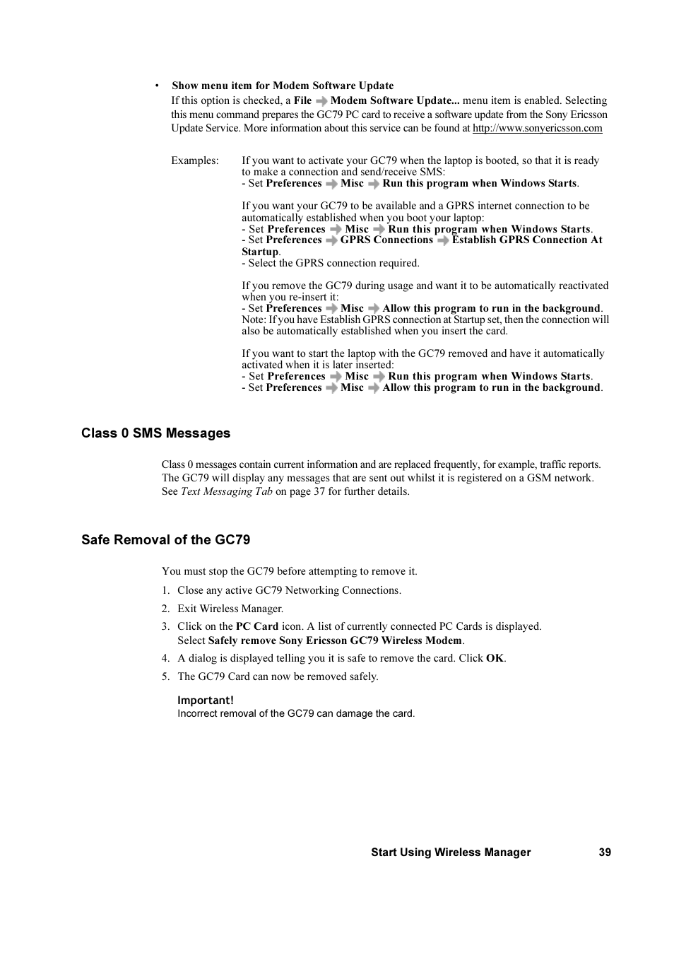 Class 0 sms messages, Safe removal of the gc79, Class 0 sms messages safe removal of the gc79 | Sony Ericsson GC79 User Manual | Page 39 / 93