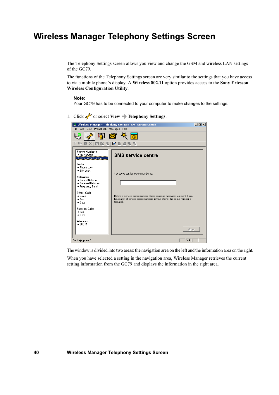 Wireless manager telephony settings screen | Sony Ericsson GC79 User Manual | Page 40 / 93