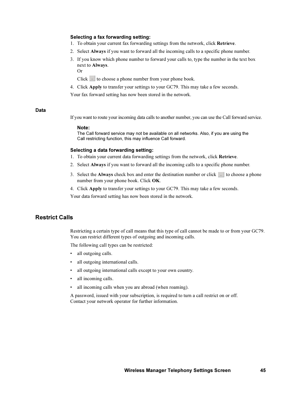 Restrict calls | Sony Ericsson GC79 User Manual | Page 45 / 93