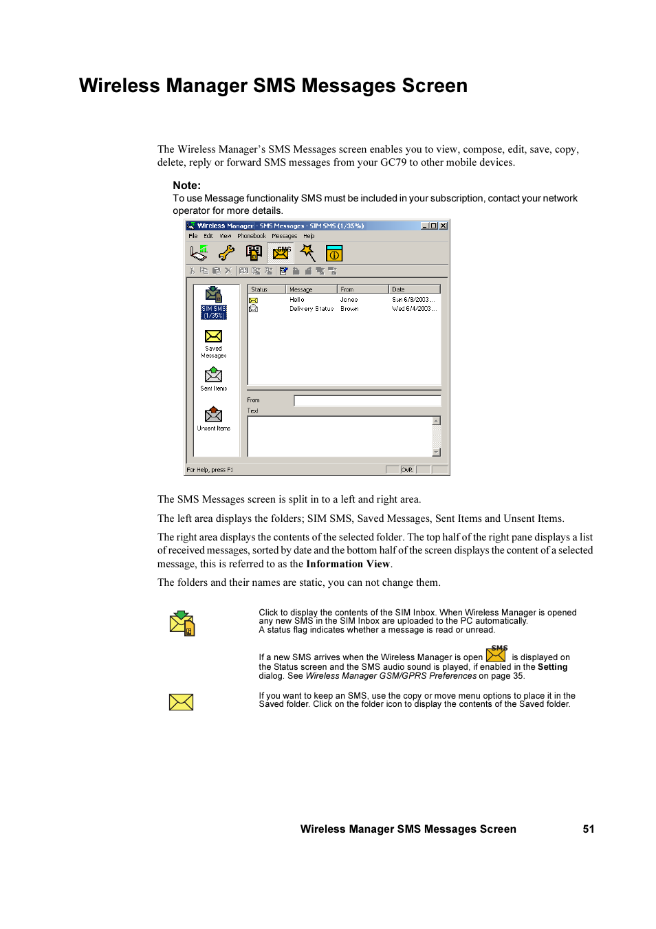 Wireless manager sms messages screen | Sony Ericsson GC79 User Manual | Page 51 / 93