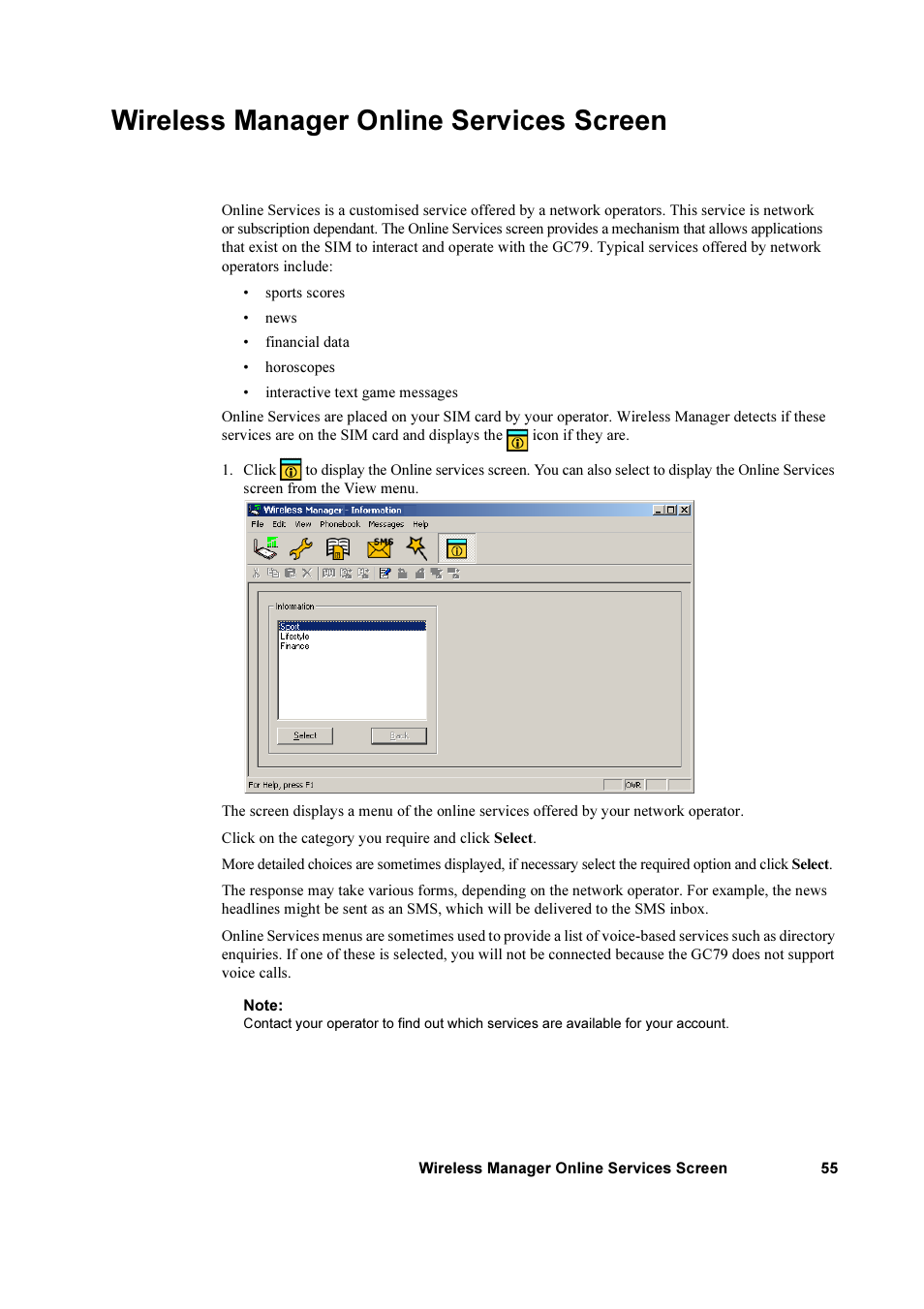 Wireless manager online services screen | Sony Ericsson GC79 User Manual | Page 55 / 93