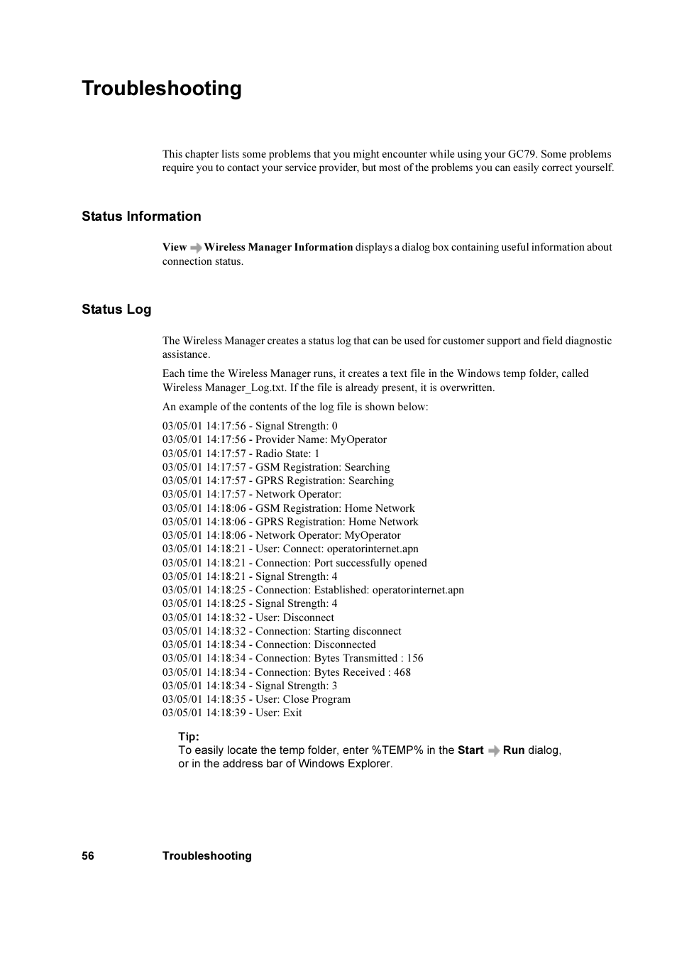 Troubleshooting, Status information, Status log | Status information status log | Sony Ericsson GC79 User Manual | Page 56 / 93