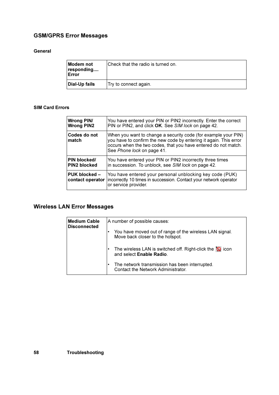 Gsm/gprs error messages, Wireless lan error messages | Sony Ericsson GC79 User Manual | Page 58 / 93