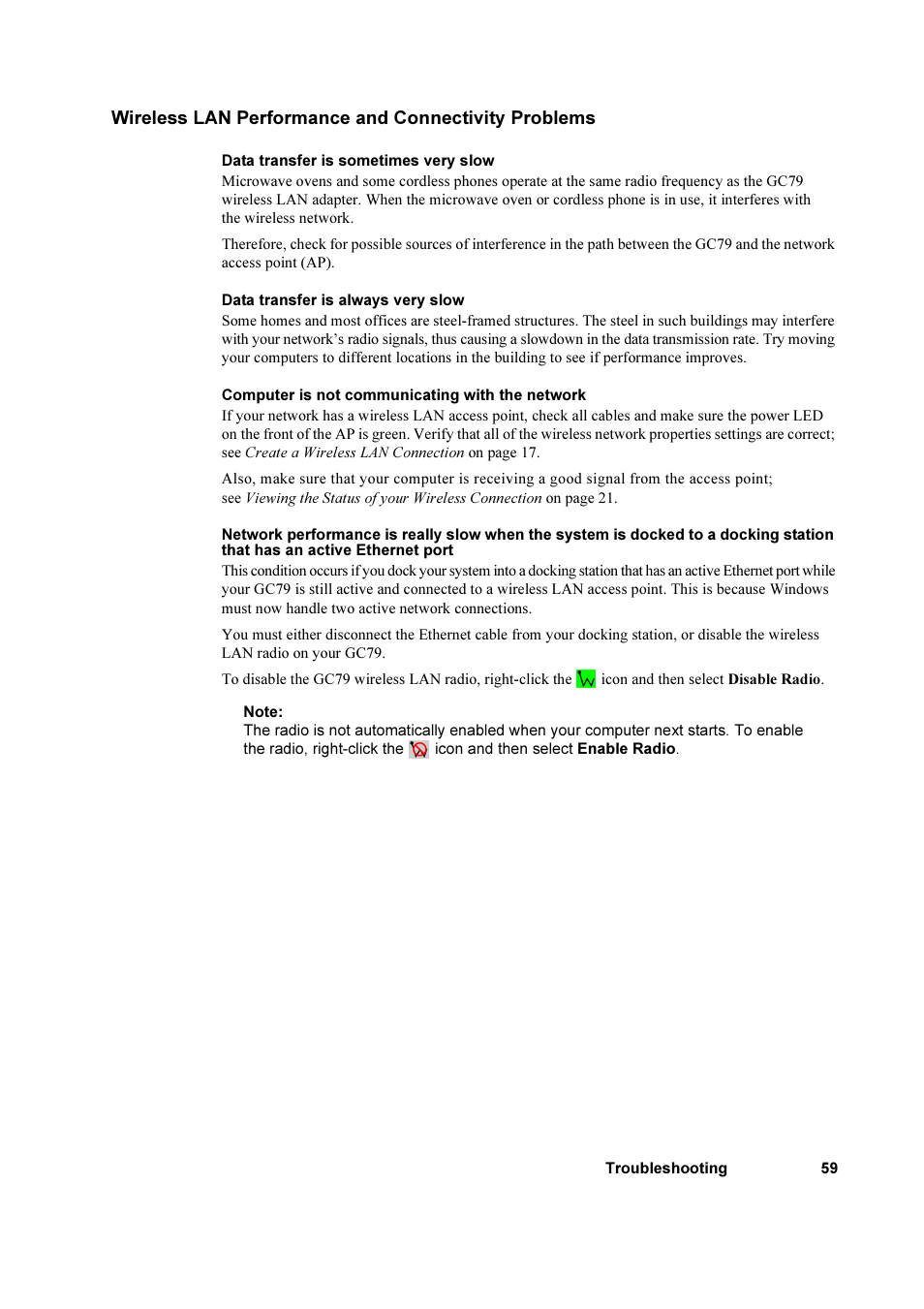 Wireless lan performance and connectivity problems | Sony Ericsson GC79 User Manual | Page 59 / 93
