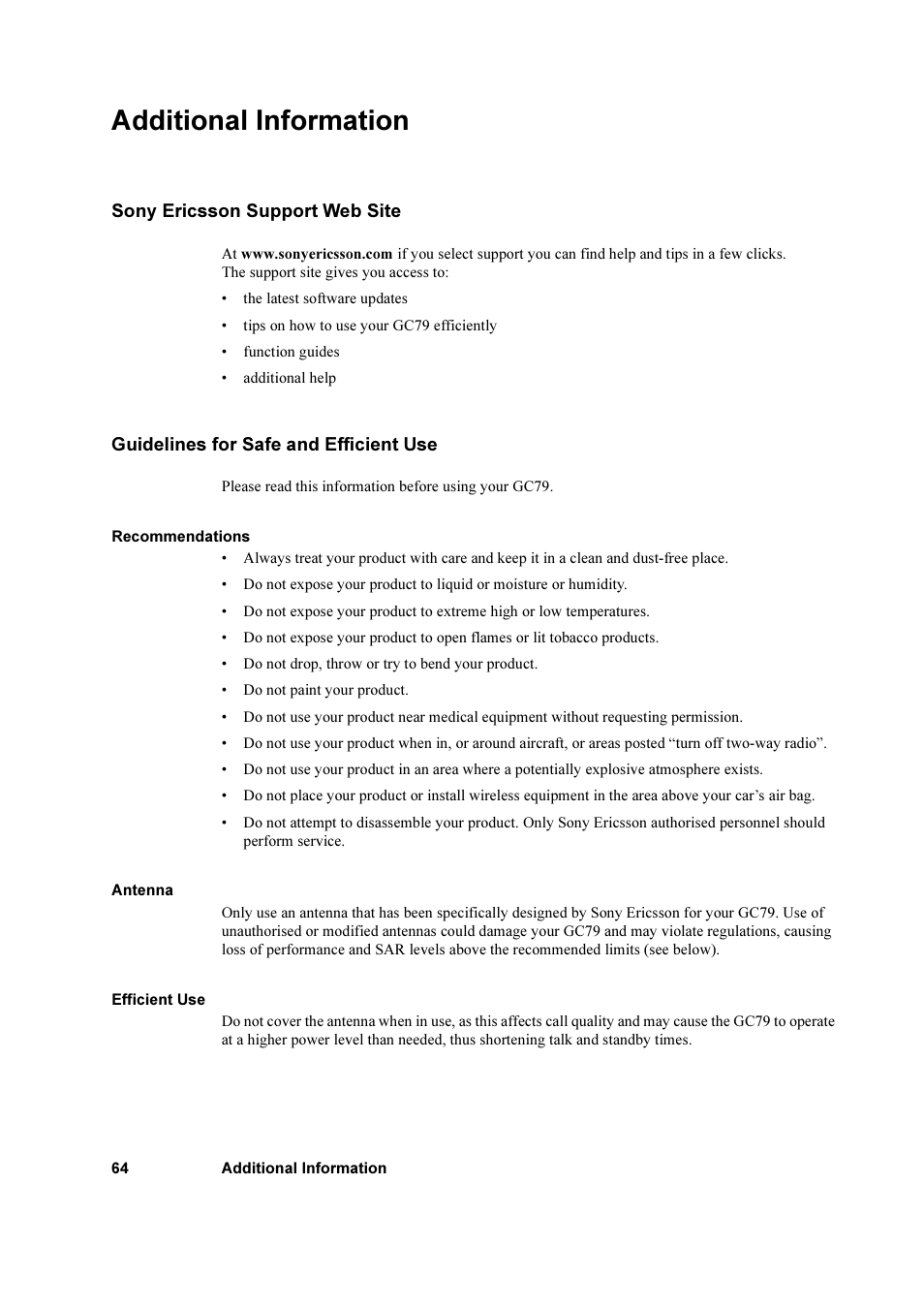 Additional information, Sony ericsson support web site, Guidelines for safe and efficient use | Sony Ericsson GC79 User Manual | Page 64 / 93