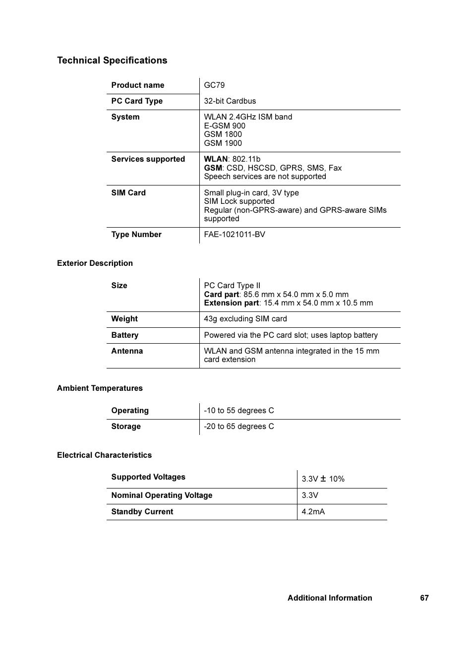 Technical specifications | Sony Ericsson GC79 User Manual | Page 67 / 93