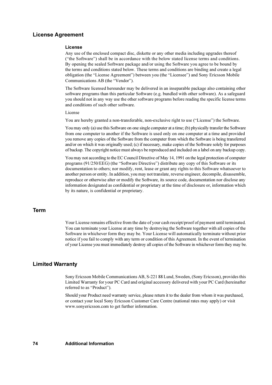 License agreement, Term, Limited warranty | License agreement term limited warranty | Sony Ericsson GC79 User Manual | Page 74 / 93