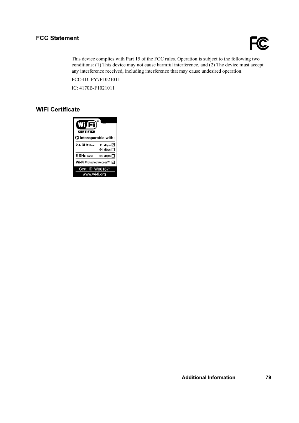 Fcc statement, Wifi certificate, Fcc statement wifi certificate | Sony Ericsson GC79 User Manual | Page 79 / 93