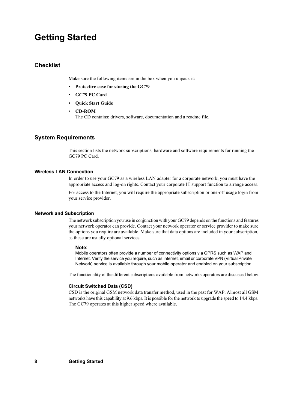 Getting started, Checklist, System requirements | Checklist system requirements | Sony Ericsson GC79 User Manual | Page 8 / 93