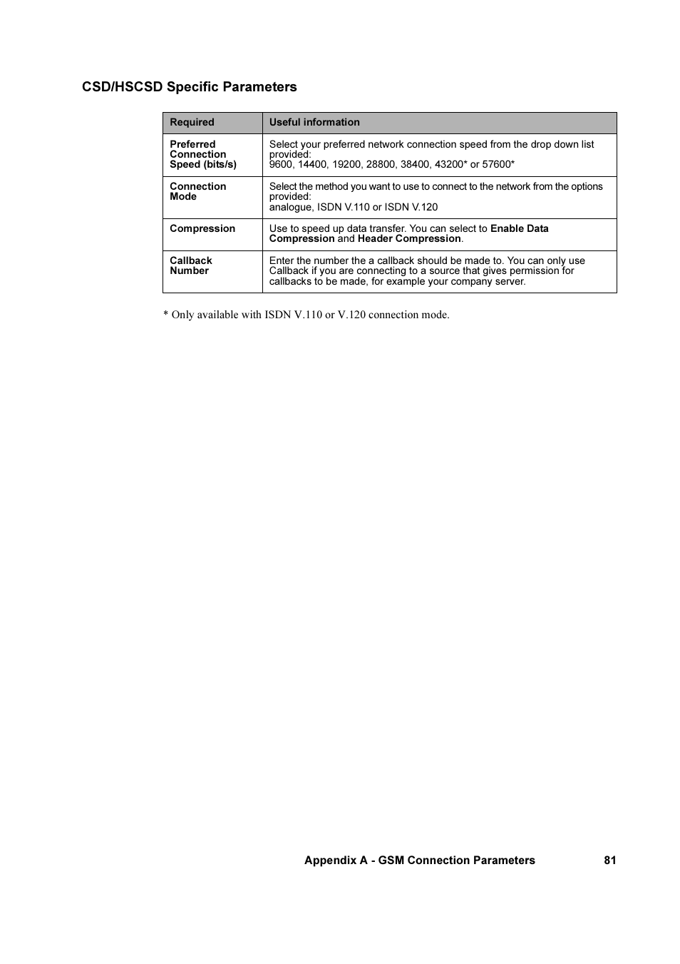 Csd/hscsd specific parameters | Sony Ericsson GC79 User Manual | Page 81 / 93