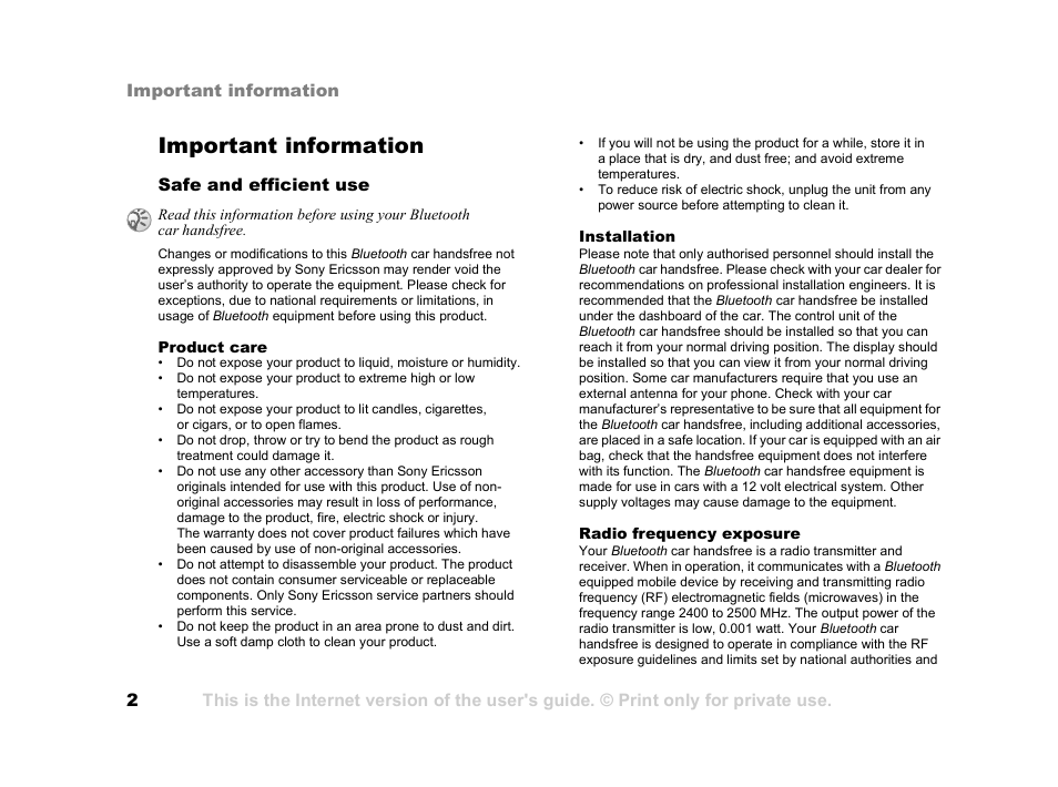 Important information | Sony Ericsson HCB-700 User Manual | Page 2 / 81