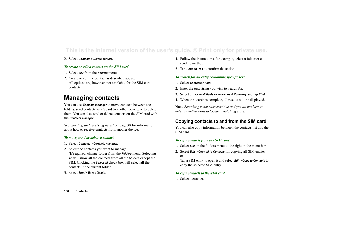 Managing contacts, Copying contacts to and from the sim card | Sony Ericsson P910i User Manual | Page 106 / 204