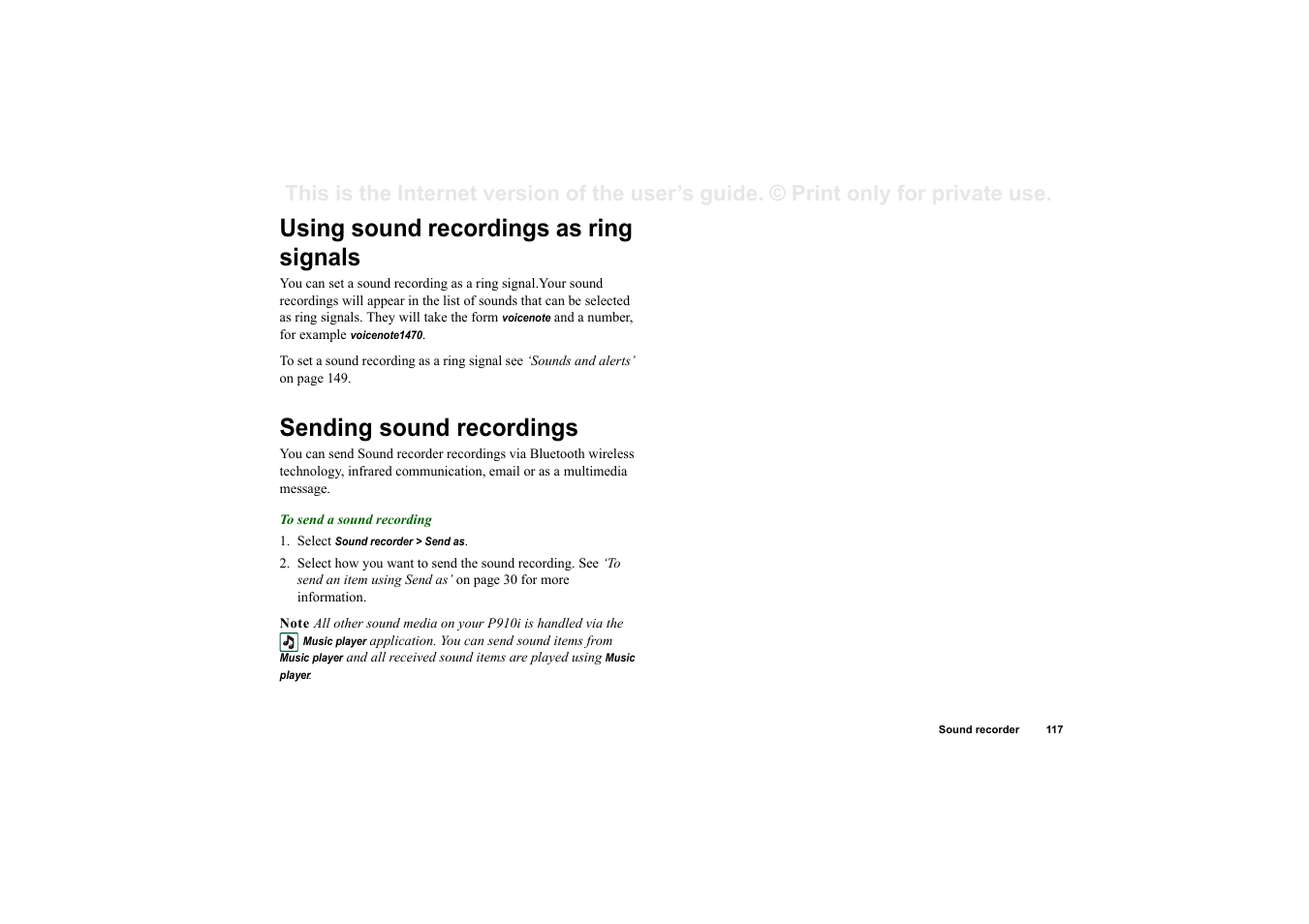 Using sound recordings as ring signals, Sending sound recordings | Sony Ericsson P910i User Manual | Page 117 / 204