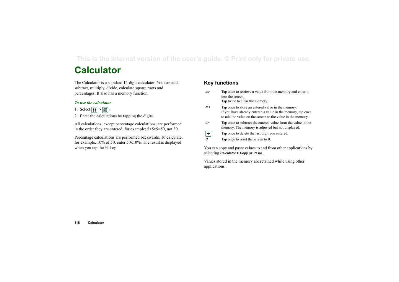 Calculator, Key functions | Sony Ericsson P910i User Manual | Page 118 / 204