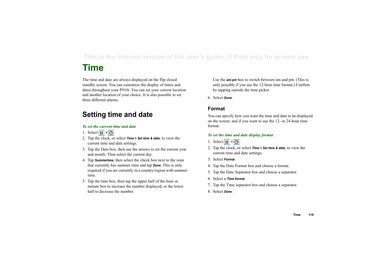 Time, Setting time and date, Format | Sony Ericsson P910i User Manual | Page 119 / 204